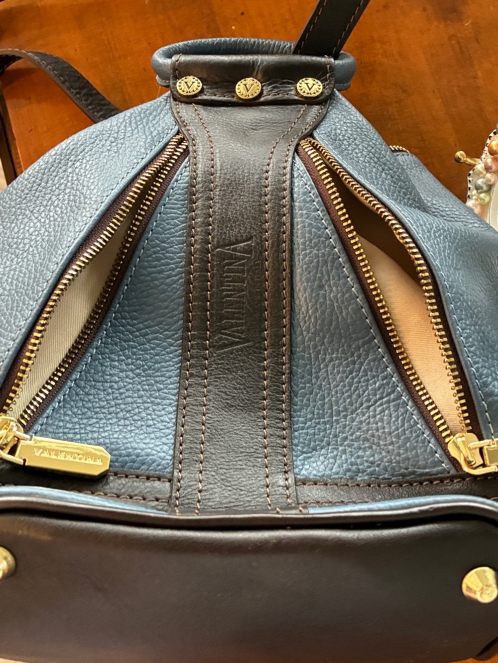 Valentina Blue and Dark Brown Leather Backpack - Picture 12 of 16